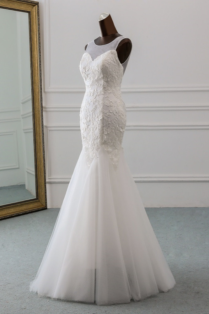 BMbridal Popular Jewel Sleeveless White Mermaid Wedding Dresses with Appliques