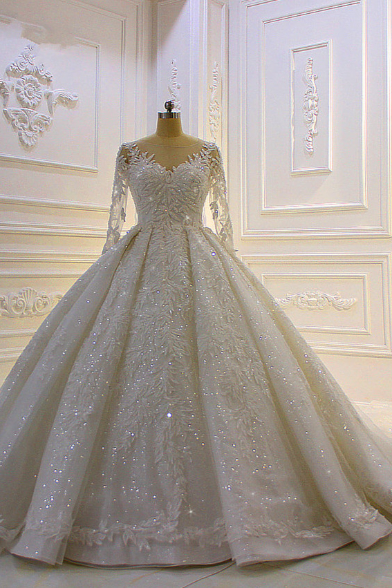 BMbridal Luxury Ball Gown Lace Appliques Beading Wedding Dress Long Sleeves Ruffles Bridal Gowns On Sale-BMbridal