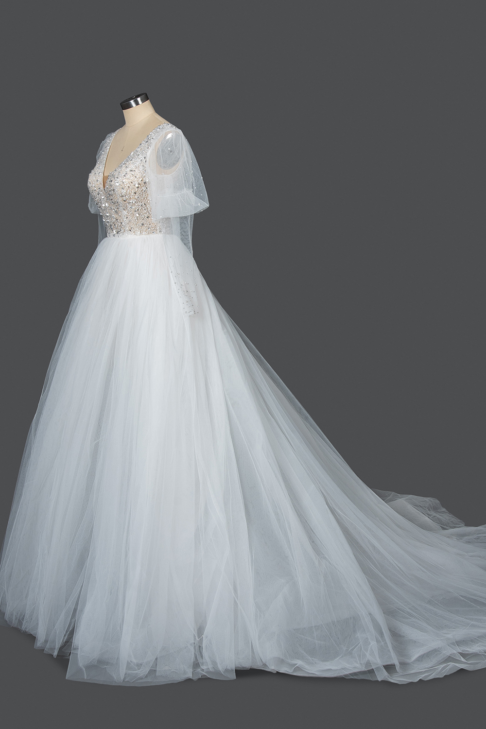 Bmbridal Sheer Long Sleeves Ball Gown Wedding Dress Tulle With Beads-BMbridal
