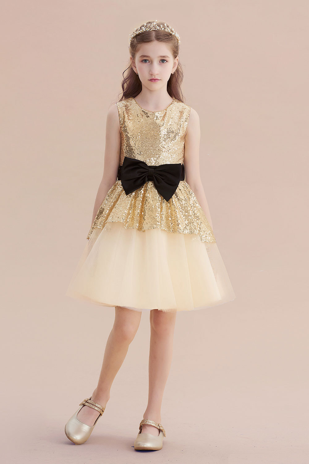 BMbridal A-Line Tulle Sequins Bows Knee Length Flower Girl Dress On Sale-BMbridal