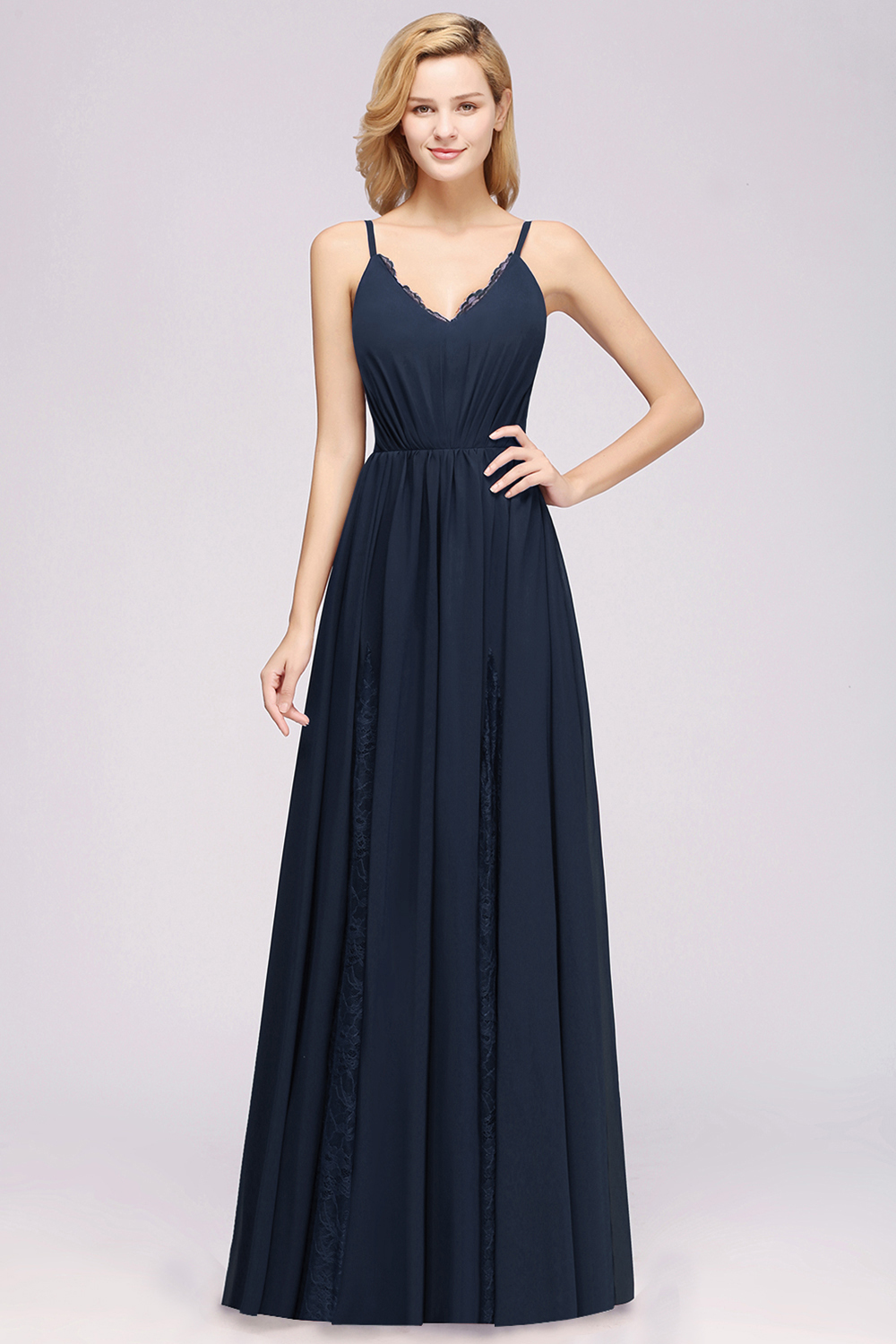 BMbridal Elegant Spaghetti Straps Long Bridesmaid Dress Lace V-Neck Maid of Honor Dress-BMbridal
