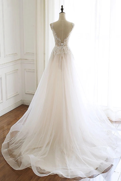 BMbridal Gorgeous White Tulle Lace Long Wedding Dress Sleeveless Custom Size Bridal Gowns On Sale
