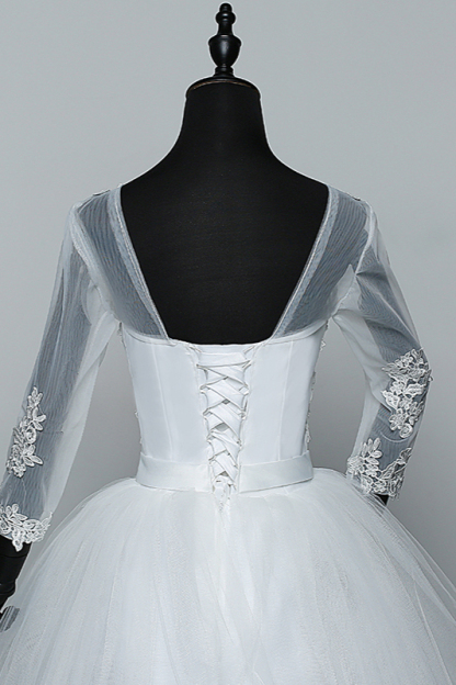 BMbridal Gorgeous Jewel Tulle Lace White Wedding Dresses 3/4 Sleeves Appliques Bridal Gowns On Sale