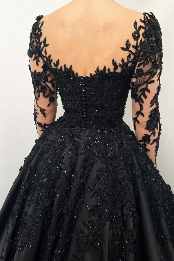 Bmbridal Black Long Sleeves Wedding Reception A-Line With Appliques-BMbridal