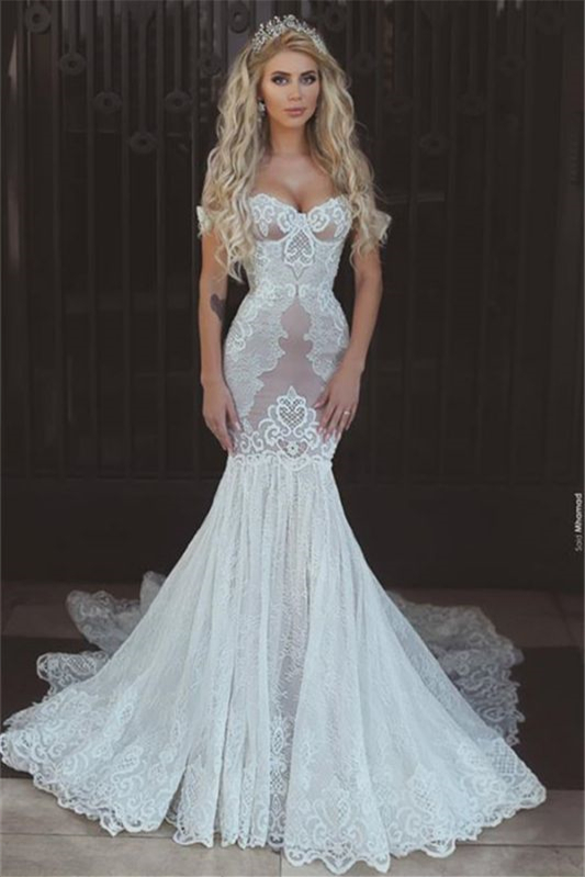 Off-the-Shoulder Mermaid Lace Sweetheart Wedding Dress with Lace-Up Back