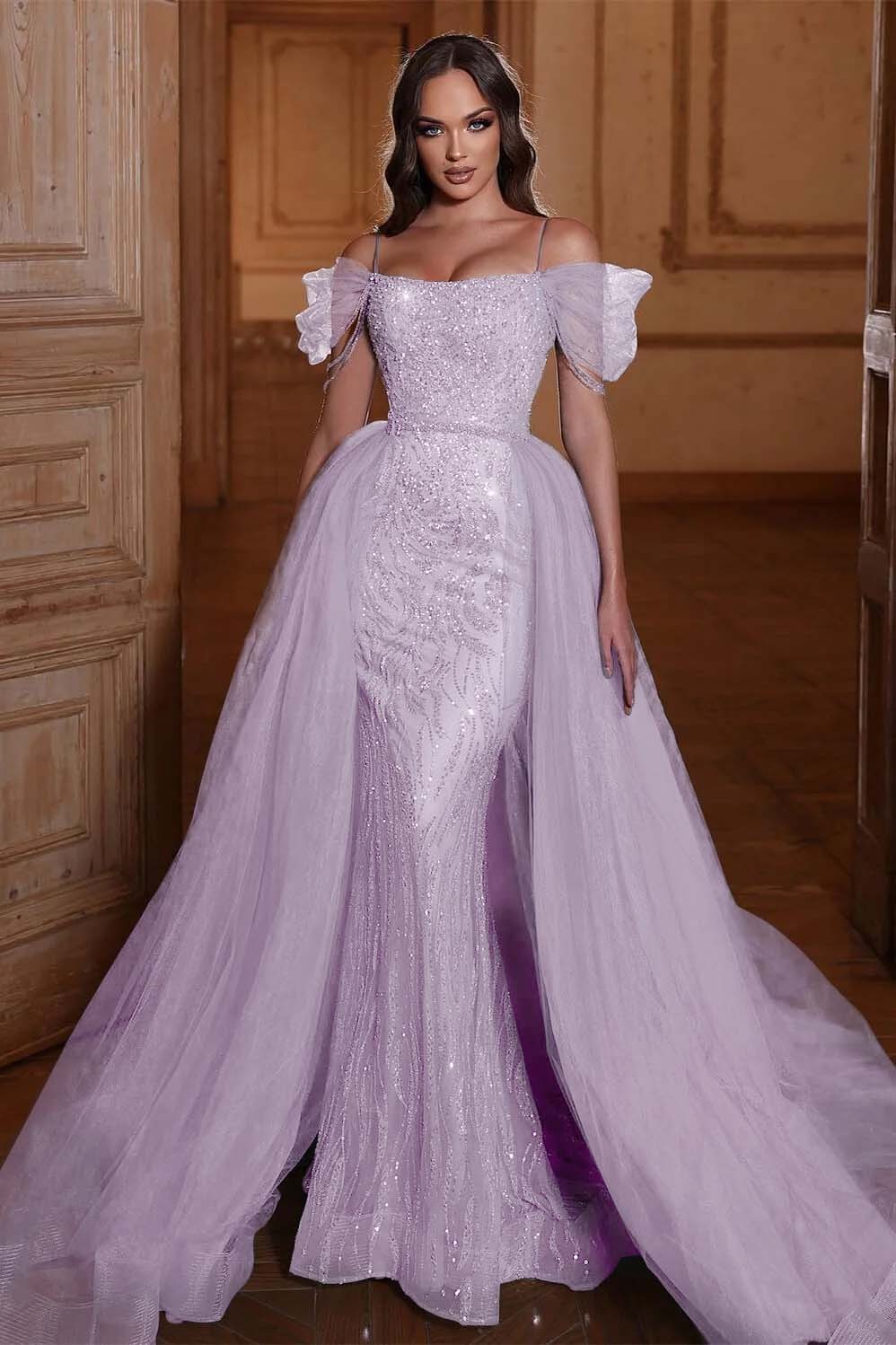 Off the Shoulder Mermaid Prom Dress Tulle Ruffles With Appliques