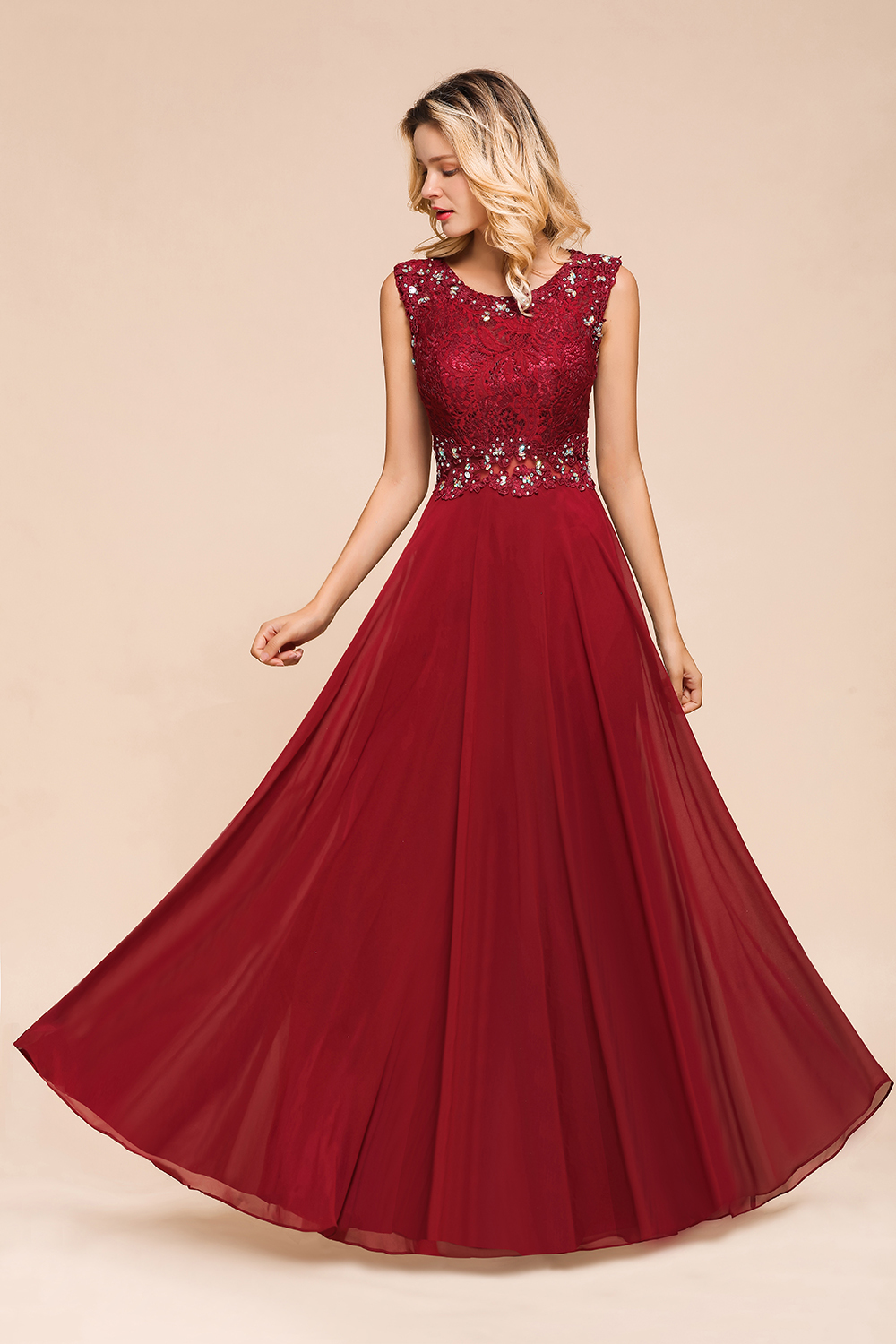 BMbridal Burgundy Lace Long Prom Dresses Sleeveless Chiffon Evening Gowns With Crystal