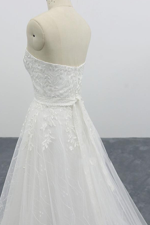 BMbridal Strapless Tulle Chapel Train A-line Wedding Dress On Sale-BMbridal
