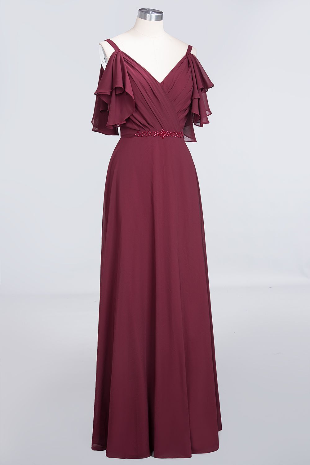 BMbridal Modest Cold-shoulder Crinkle Chiffon Long Bridesmaid Dress with Pearls-BMbridal