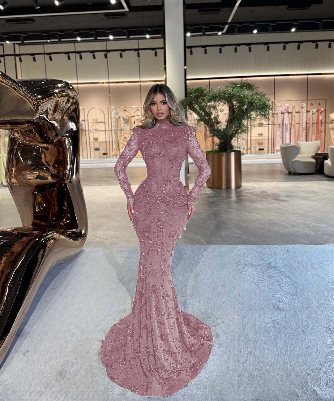 High Neck Long Sleeves Long Mermaid Prom Dress With Beading Pleated