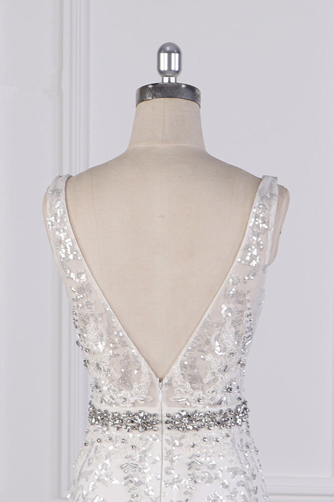 BMbridal Sparkly Sequins Straps V-Neck Wedding Dress Beadings Sleeveless Bridal Gowns with Sash On Sale-BMbridal