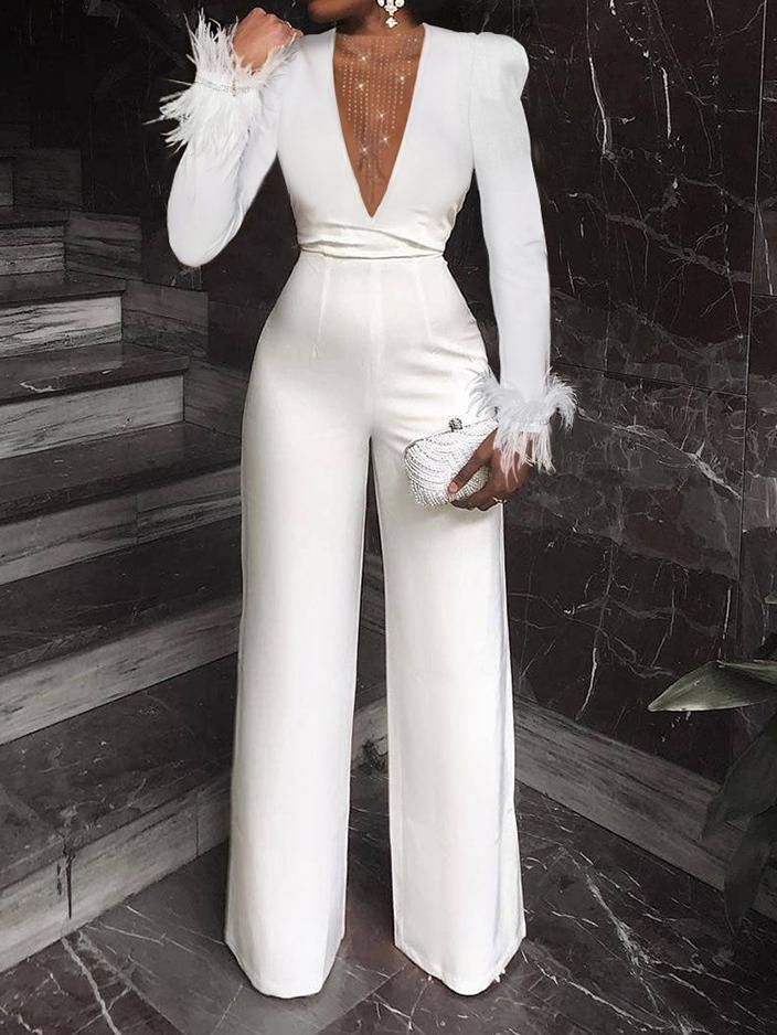 Charming V-Neck Feather White Sequins Long Sleeves Jump Suit