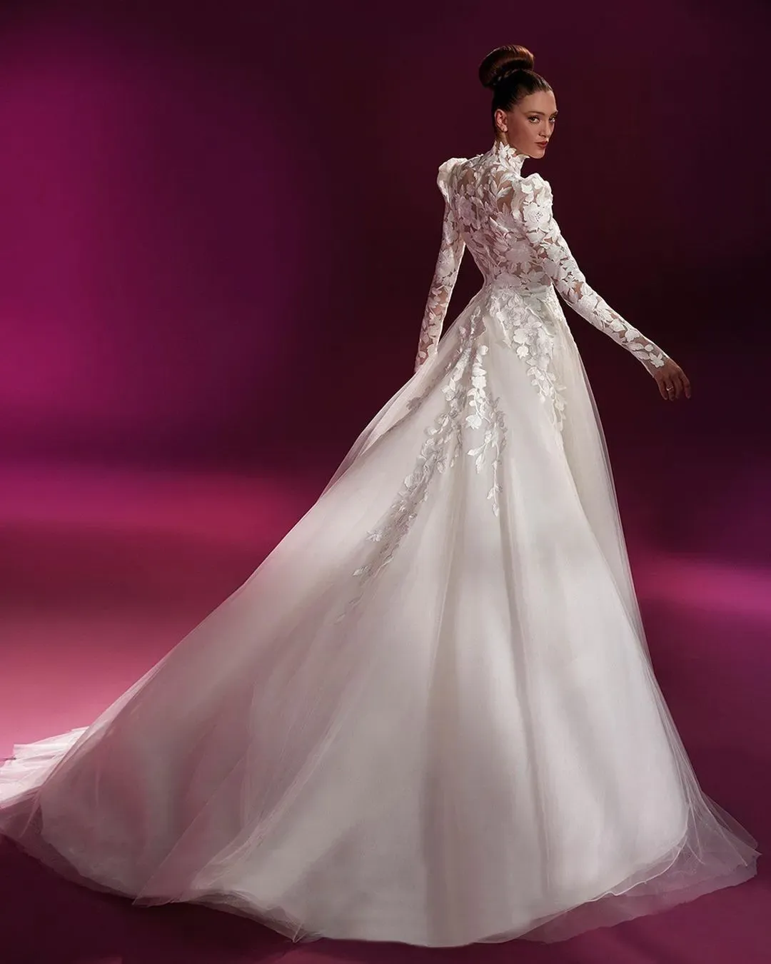Gorgeous Floor-Length Long A-Line High Neck Wedding Dress with Appliques