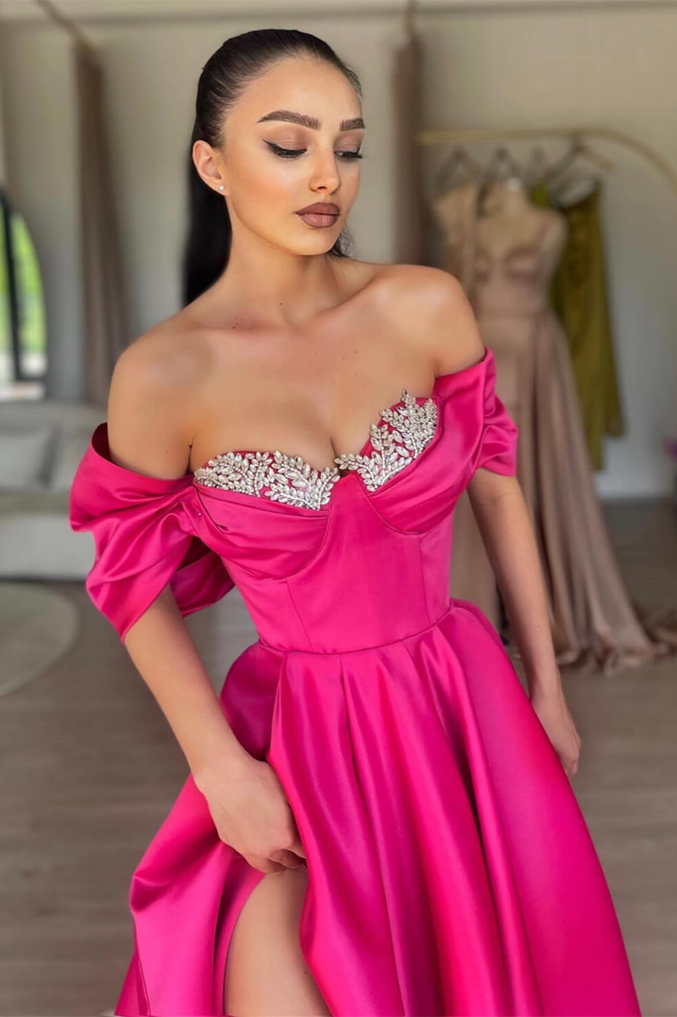 Pretty Fuchsia Off-the-Shoulder Slit Prom Dress Long With Beads