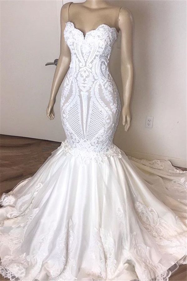 BMbridal Gorgeous Sweetheart Mermaid Lace Wedding Dresses White Ruffles Bridal Gowns With Appliques On Sale-BMbridal