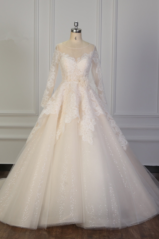 BMbridal Exquisite Lace Appliques Wedding Dress Tulle Long Sleeves Sequined Bridal Gown On Sale-BMbridal