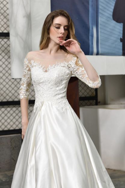 BMbridal Elegant A-Line Satin Lace 3/4 Sleeves Ankle Length Wedding Dress