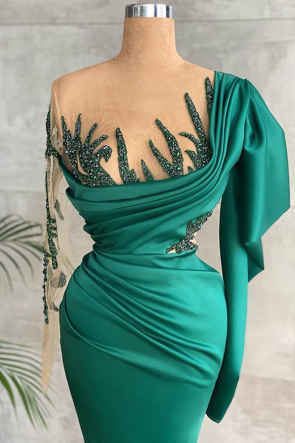 Green Long Sleeves Mermaid Side Split Prom Dress With Appliques