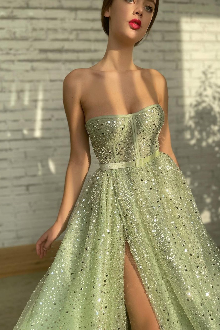Sage Strapless A Line Prom Dress High Split Long With Sequins Belt