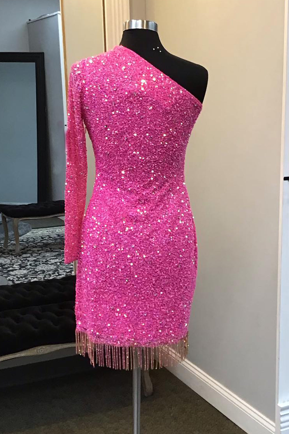 Sparkly Hot Pink Sequin Beaded Cut Out Tight Short Homecoming Dress with Fringes-BMbridal