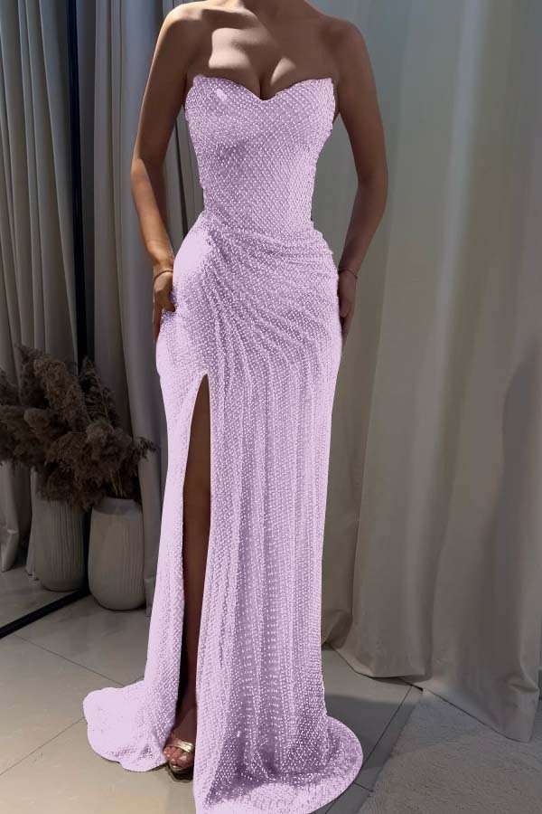 Strapless Sleeveless Mermaid Long Prom Dress With Split Pleated