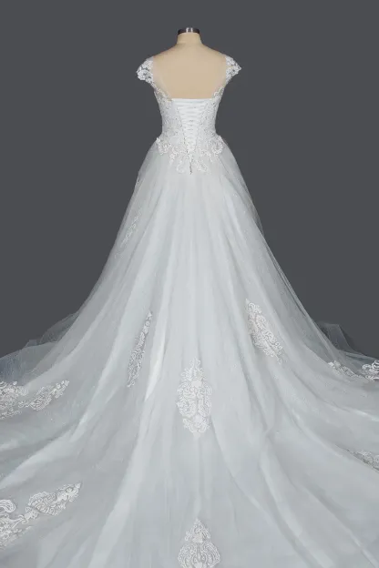 Stunning Cap Sleeve Ball Gown Sheer Tulle Wedding Dress with Lace V-Neck