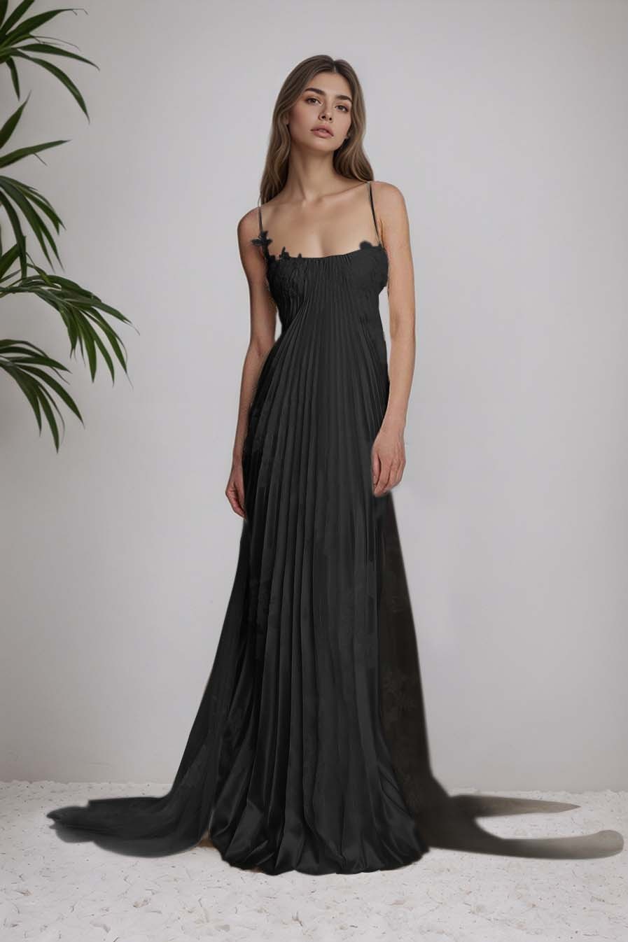 Stain Spaghetti Strap Sleeveless Long Prom Dress With Appliques