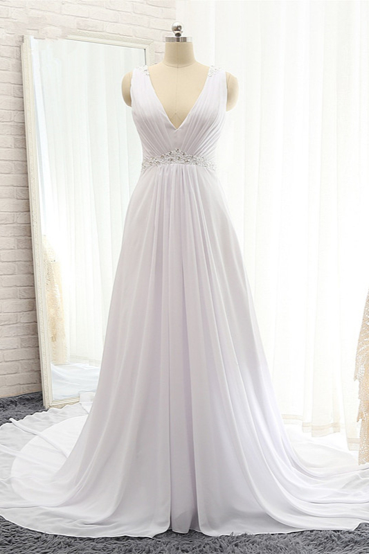 BMbridal Modest Straps V-neck Sleeveless Wedding Dresses White Chiffon Bridal Gowns Online