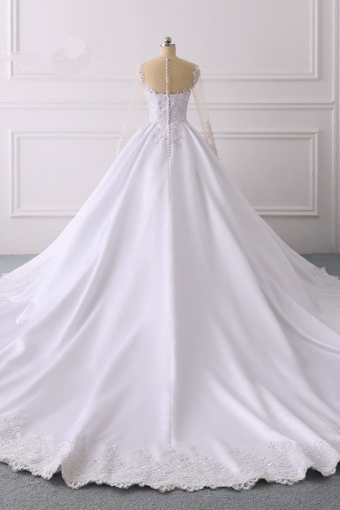 BMbridal Glamorous Ball Gown Jewel Satin Tulle Wedding Dress Long Sleeves Ruffles Lace Bridal Gowns Online-BMbridal
