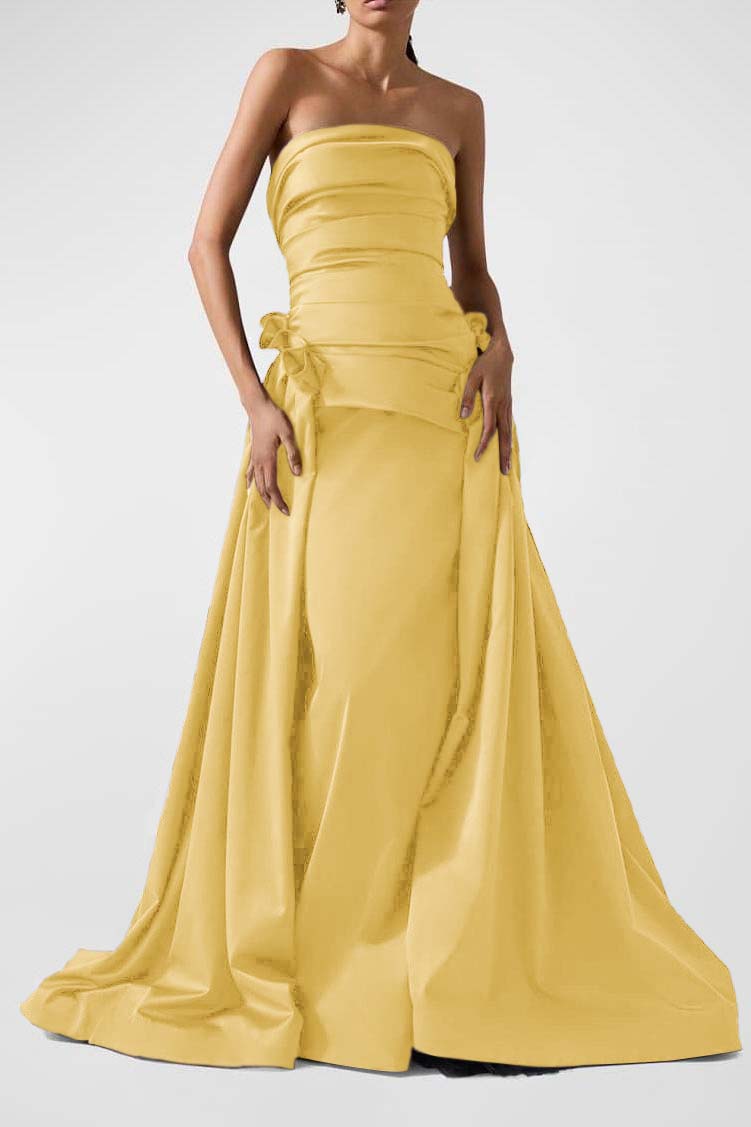 Strapless Backless Sleeveless Long A Line Prom Dress With Pleated