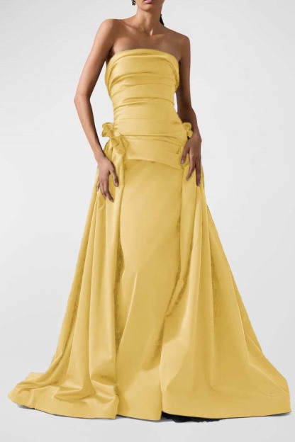 Strapless Backless Sleeveless Long A Line Prom Dress With Pleated