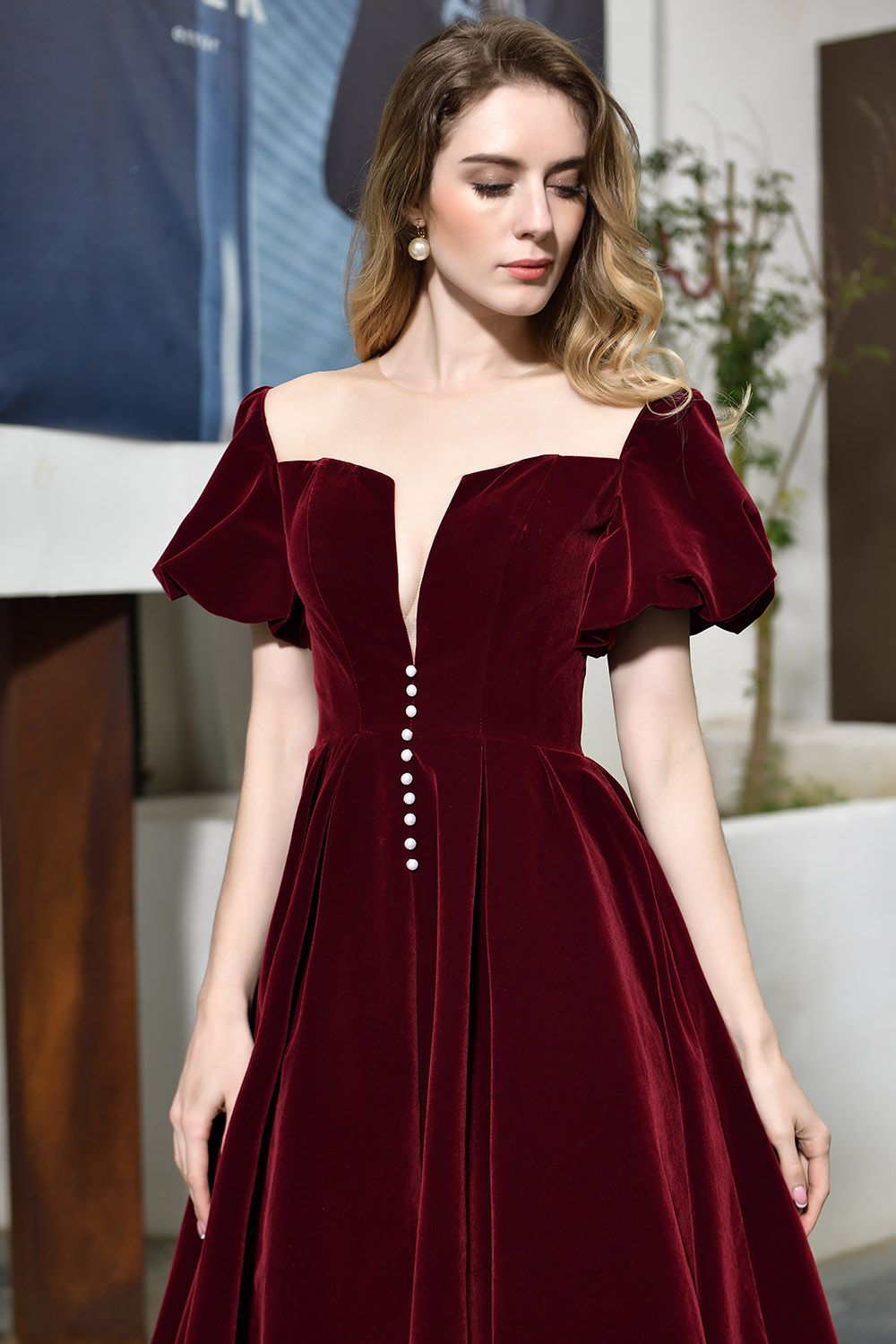BMbridal Vintage Bugrundy Short Sleeve Prom Dress Tea-Length Party Gowns With Lace-up