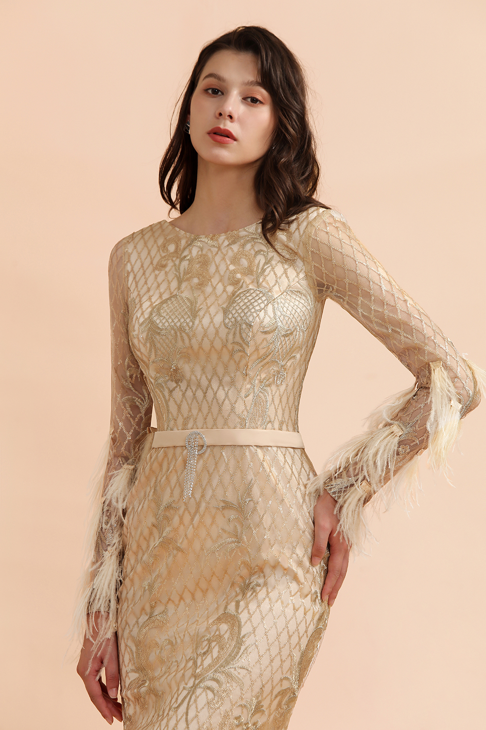 BMbridal Glamorous Jewel Lace Appliques Prom Dresses Long Sleeves Mermaid Formal Dresses with Fur