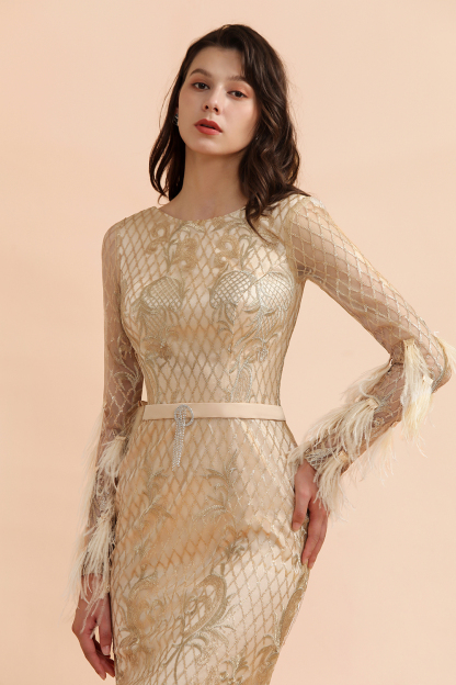 BMbridal Glamorous Jewel Lace Appliques Prom Dresses Long Sleeves Mermaid Formal Dresses with Fur