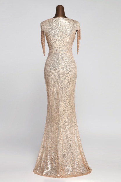 BMbridal Elegant V-Neck Beading Long Mermaid Prom Dresses with Short Sleeves Online