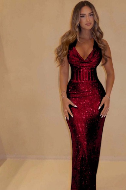 Sequin Halter Sleeveless Long Mermaid Prom Dress With Pleated