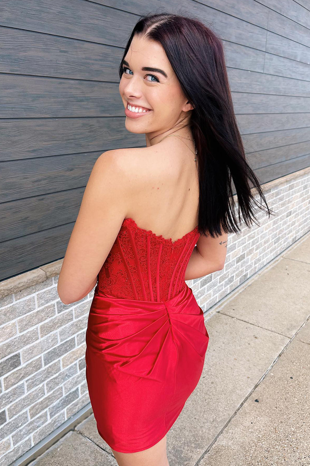 Red Corset Satin Tight Short Homecoming Dress with Lace Top-BMbridal