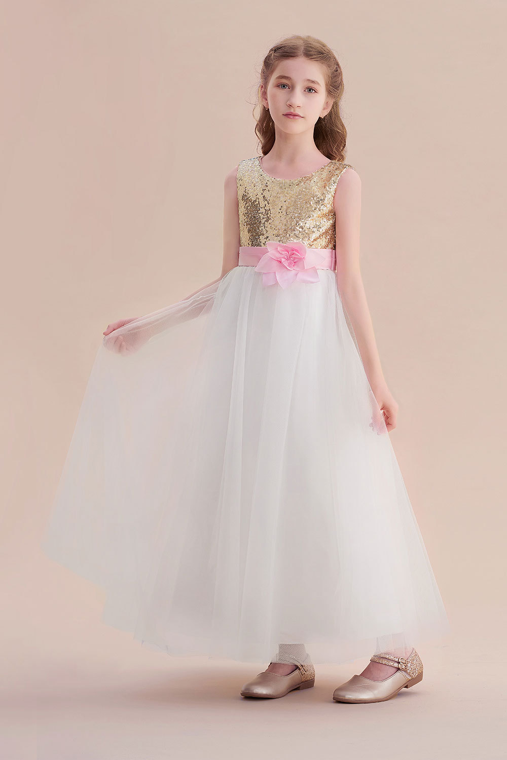 BMbridal A-Line Sequins Tulle High-waisted Flower Girl Dress On Sale-BMbridal