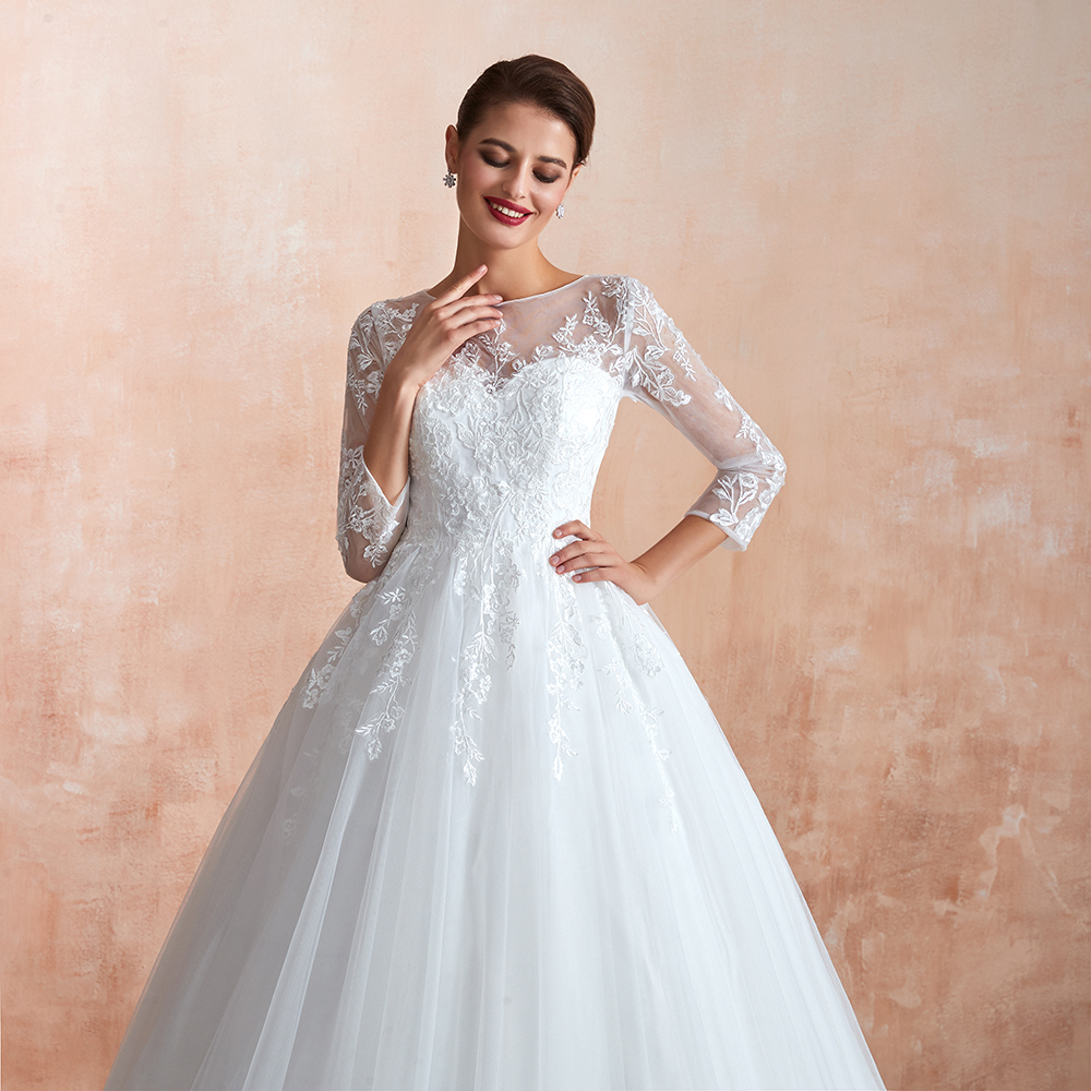 BMbridal Affordable Lace Jewel White Tulle Wedding Dresses with 3/4 Sleeves
