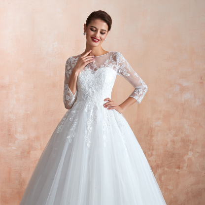 BMbridal Affordable Lace Jewel White Tulle Wedding Dresses with 3/4 Sleeves
