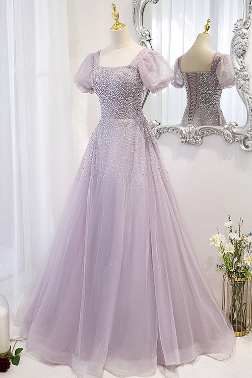 Chic Lace Up Prom Dress Beadings A Line Short Sleeves With Square Online