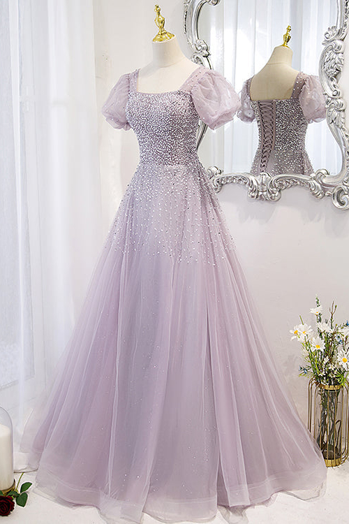 Chic Lace Up Prom Dress Beadings A Line Short Sleeves With Square Online
