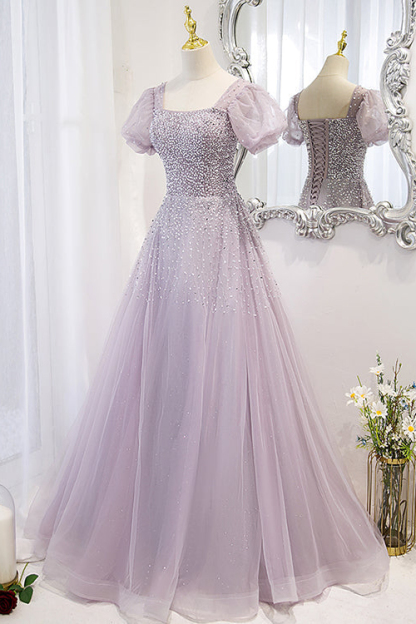 Chic Lace Up Prom Dress Beadings A Line Short Sleeves With Square Online