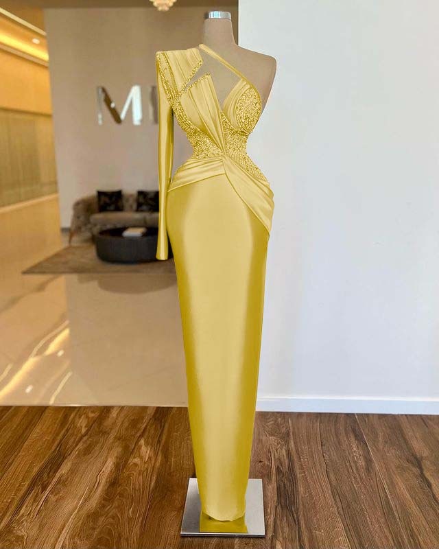 Long Sleeve One Shoulder Long Prom Dress With Pleated Appliques