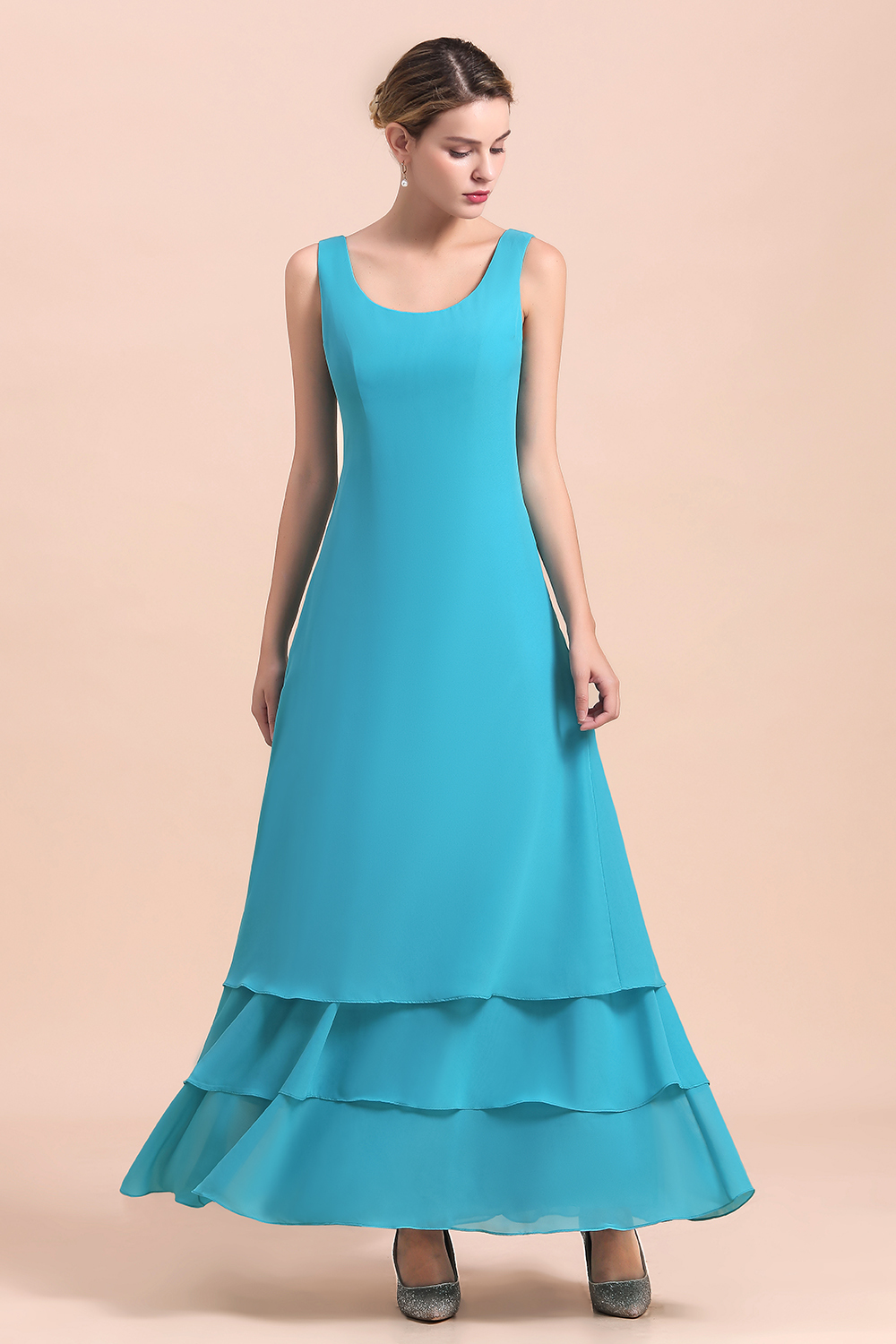 BMbridal Gorgeous Square Neck Flowers Layers Mother of Bride Dress with Long Wraps-BMbridal