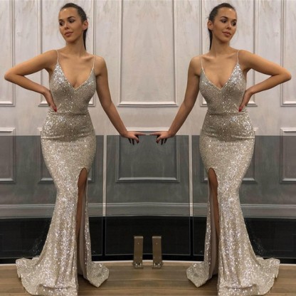 Bmbridal Spaghetti-Straps Sequins Prom Dress Mermaid With Slit