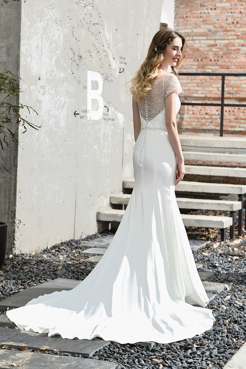 BMbridal Mermaid Satin Lace Off the Shoulder Affordable Ivory Wedding Dress