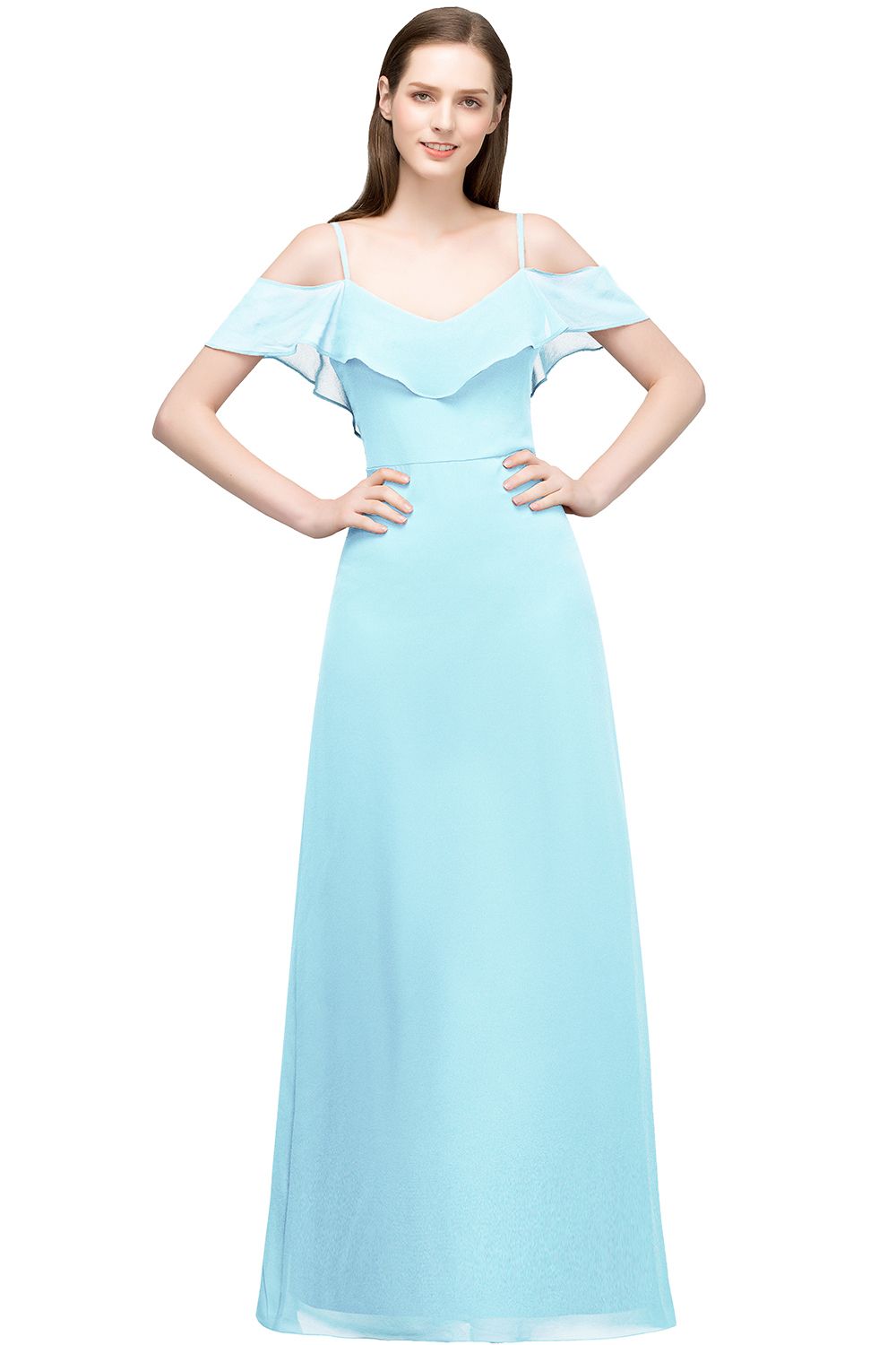 BMbridal Affordable A-line Chiffon Off-the-Shoulder V-neck Long Bridesmaid Dress In Stock