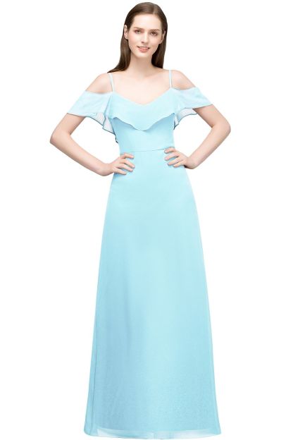 BMbridal Affordable A-line Chiffon Off-the-Shoulder V-neck Long Bridesmaid Dress In Stock