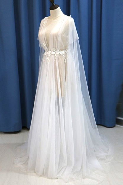 BMbridal Glamorous White Tulle V-Neck Beach Wedding Dress A Line Flower Bridal Gowns On Sale